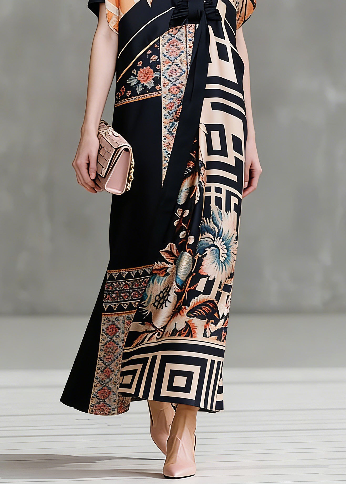 Italian Colorblock V Neck Asymmetrical Design Print Silk Dresses Short Sleeve