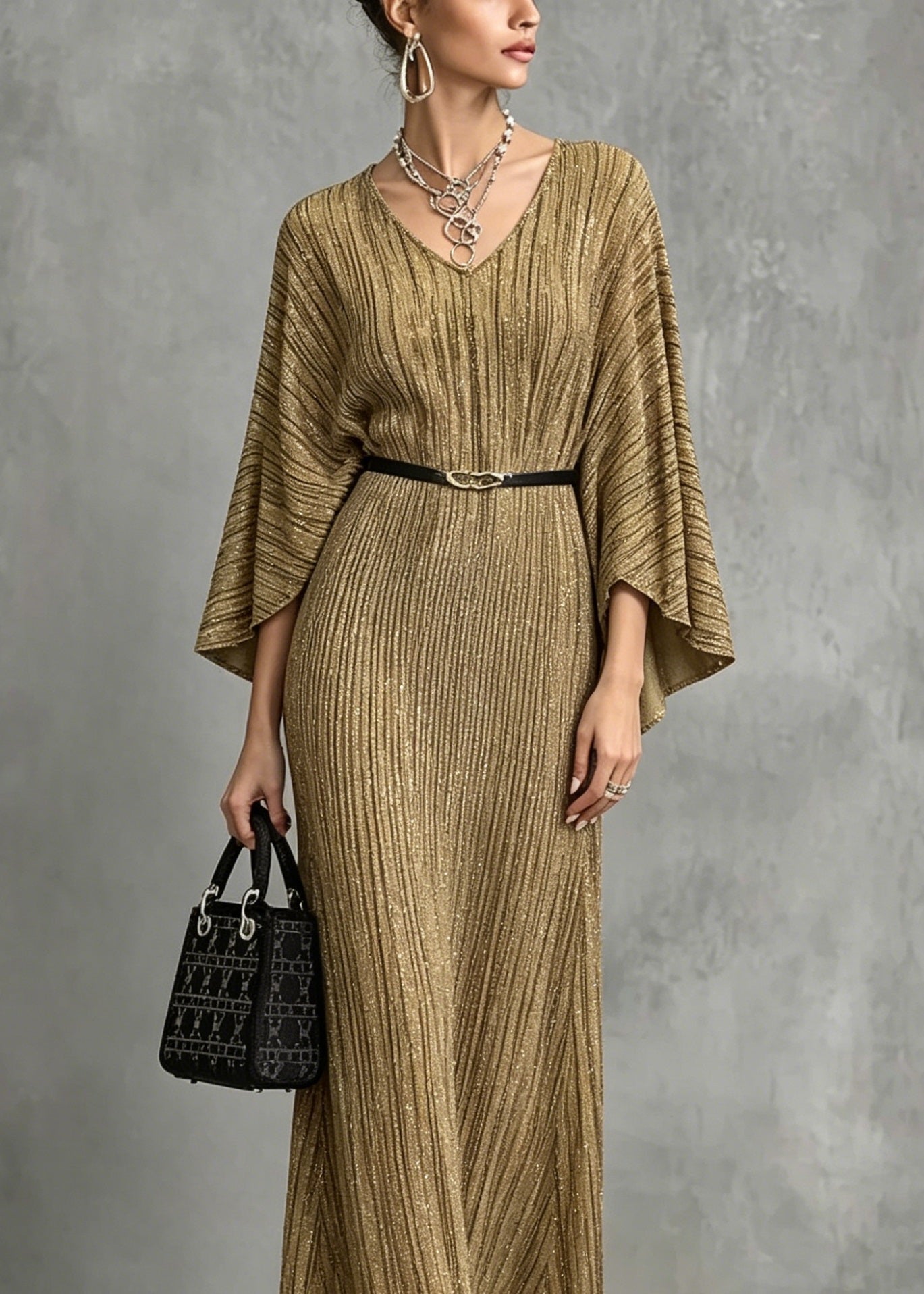 Italian Gold V Neck Long Dresses Batwing Sleeve
