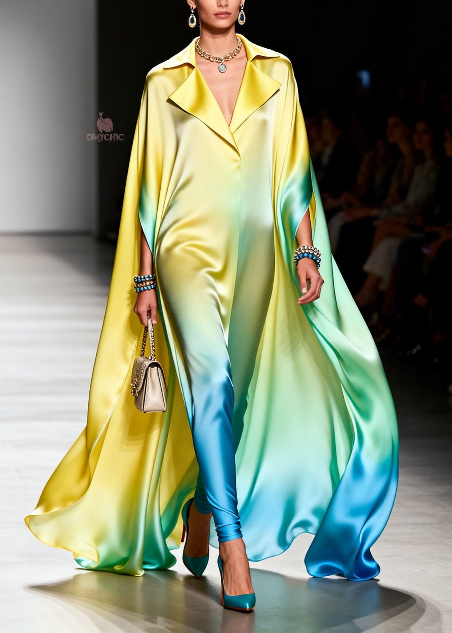 Italian Gradient Color Peter Pan Collar Chiffon Maxi Dresses Summer