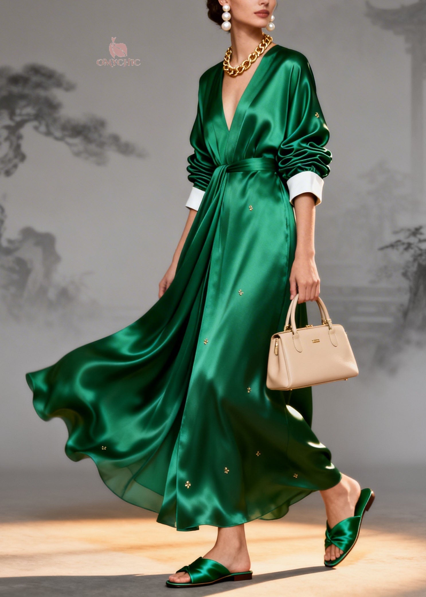 Italian Green V Neck Patchwork Silk Maxi Dresses Summer