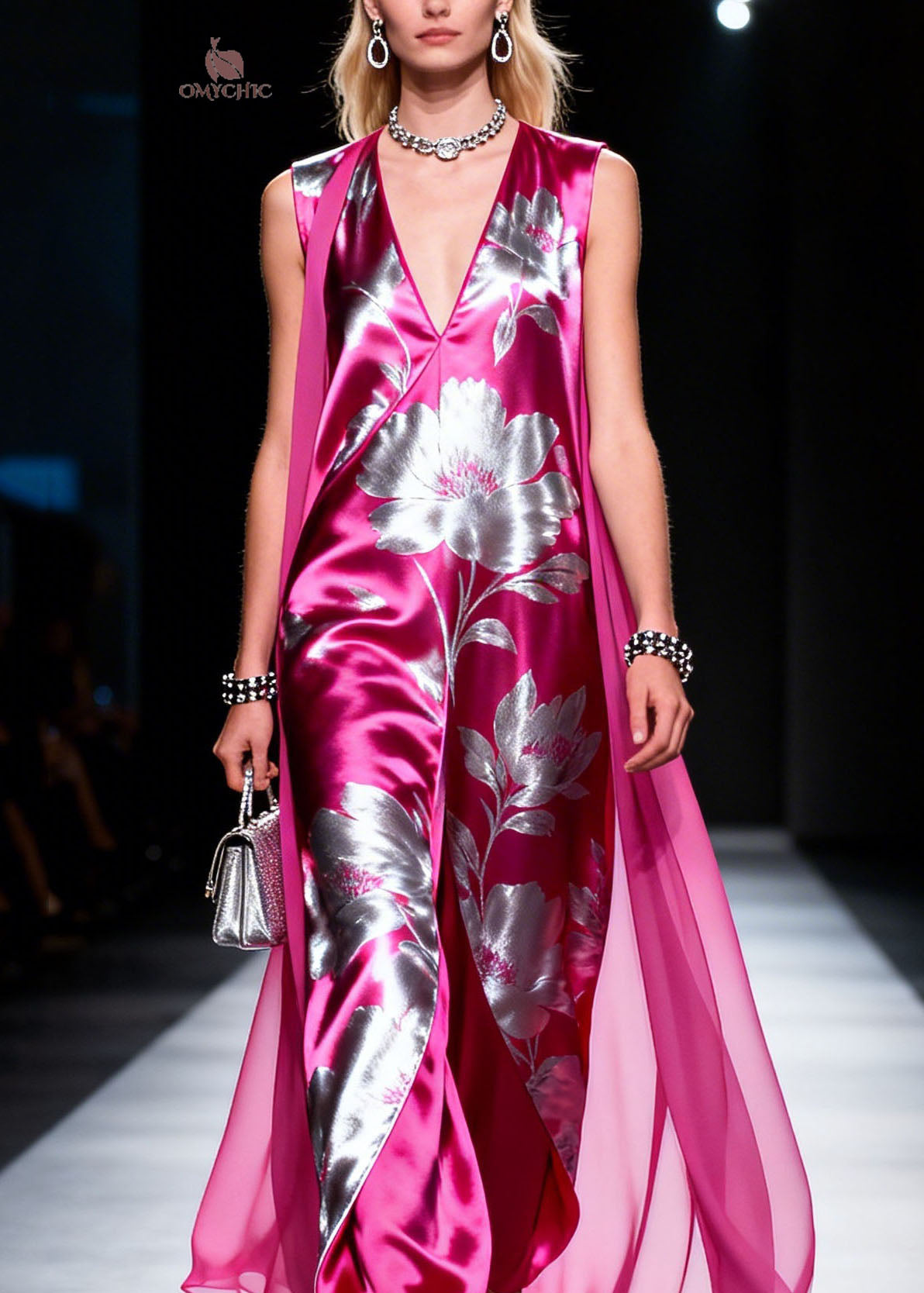Italian Purple V Neck Print Silk Long Dress Sleeveless