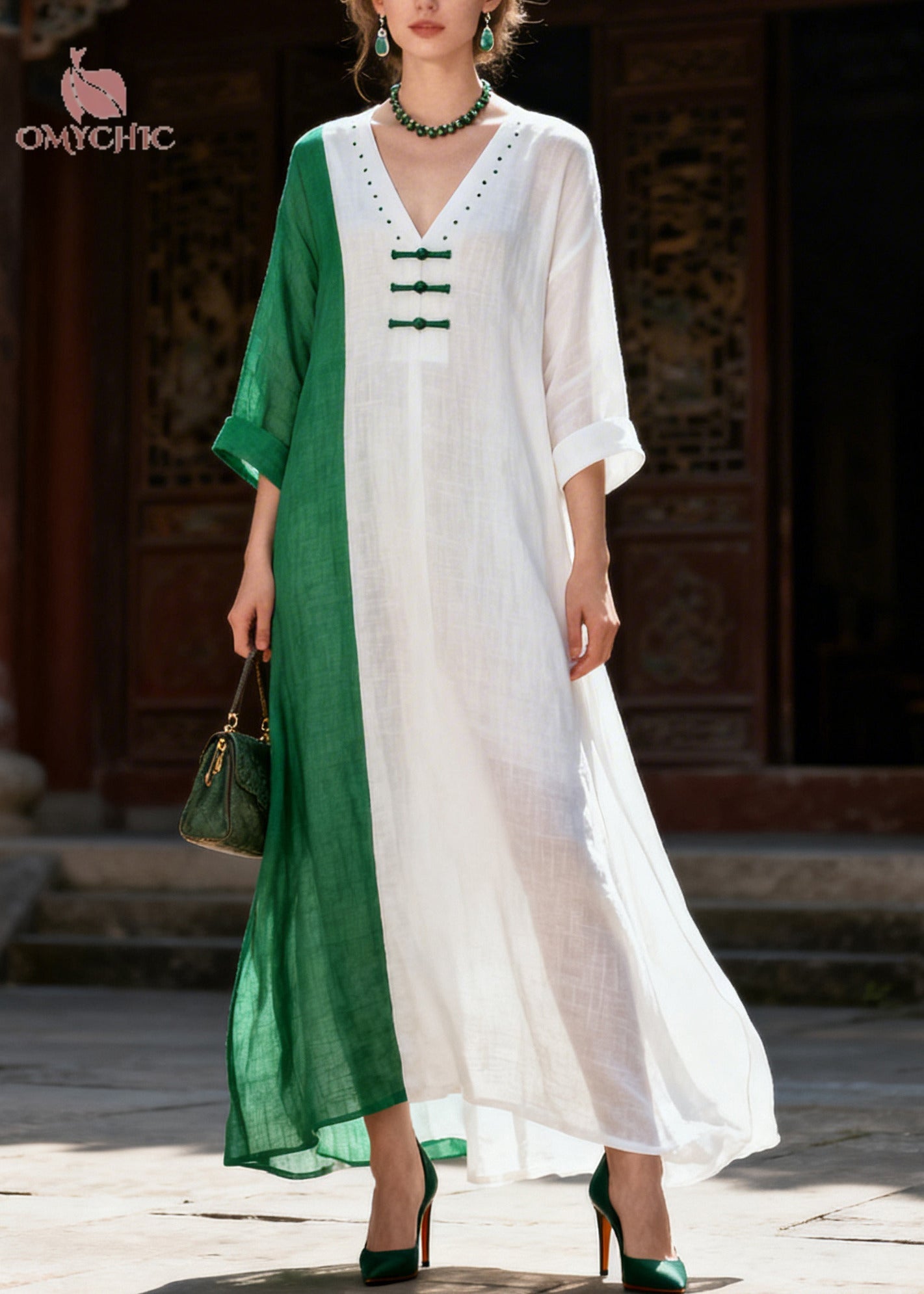 Italian White Asymmetrical Patchwork Chinese Button Cotton Dresses Summer