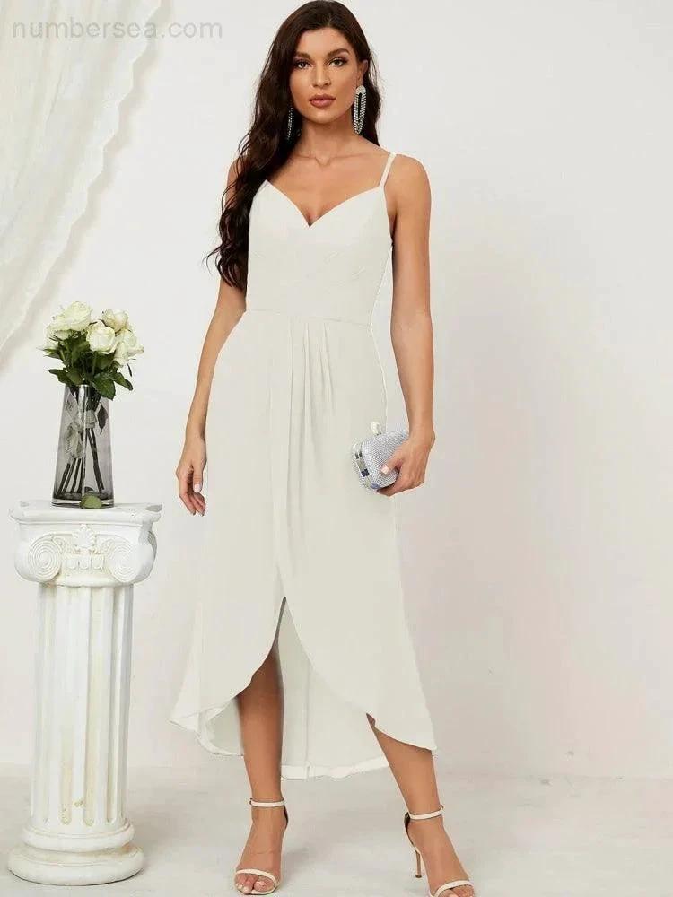 ZapDress Spaghetti Chiffon V Neck Bridesmaid Dress Mid-Length Slit Formal Prom Dress Homecoming Dress 2803 (ZD16952)