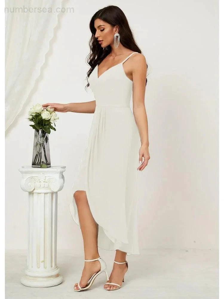 ZapDress Spaghetti Chiffon V Neck Bridesmaid Dress Mid-Length Slit Formal Prom Dress Homecoming Dress 2803 (ZD16952)