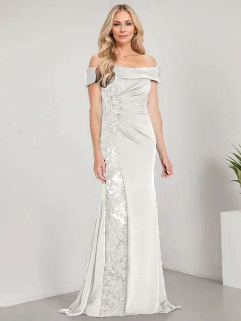 A-Line Off the Shoulder Floor-Length Mother of the Bride Dress Applique Beadings Mermaid Dress With High Split
