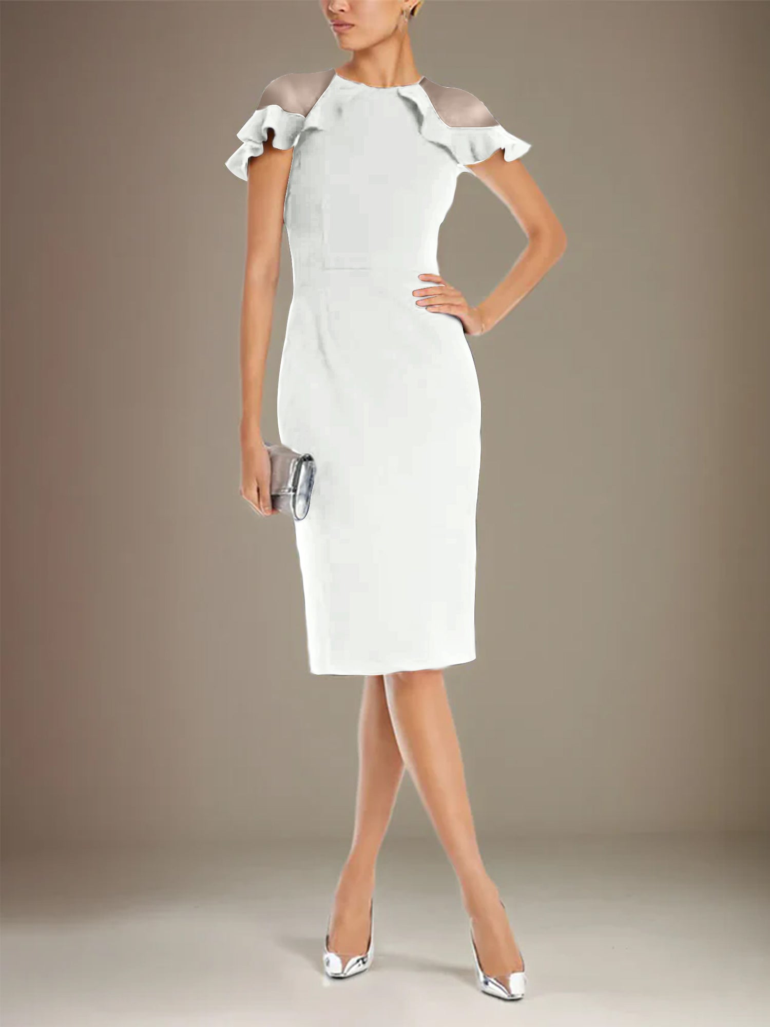 Sheath/Column Stretch Crepe Scoop Short Sleeves Knee Length Dress