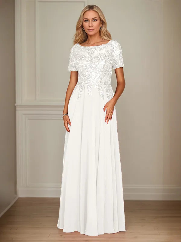 A-Line Chiffon Boat Neck Short Sleeves Floor-Length Mother of the Bride Dresses