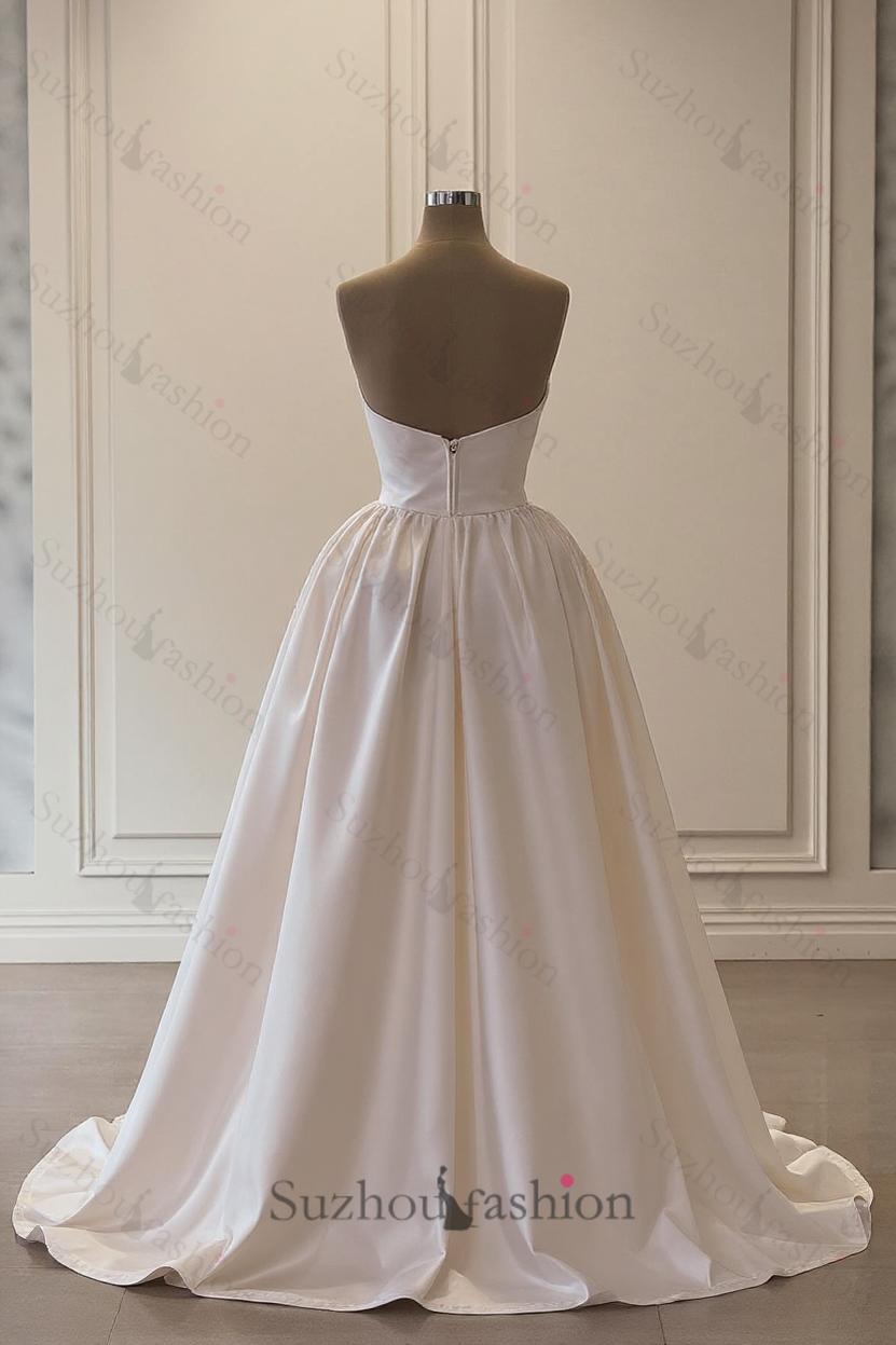Ivory A Line Strapless Sleeveless Beaded Panel Train Ruffle Long Satin Bridal Gown