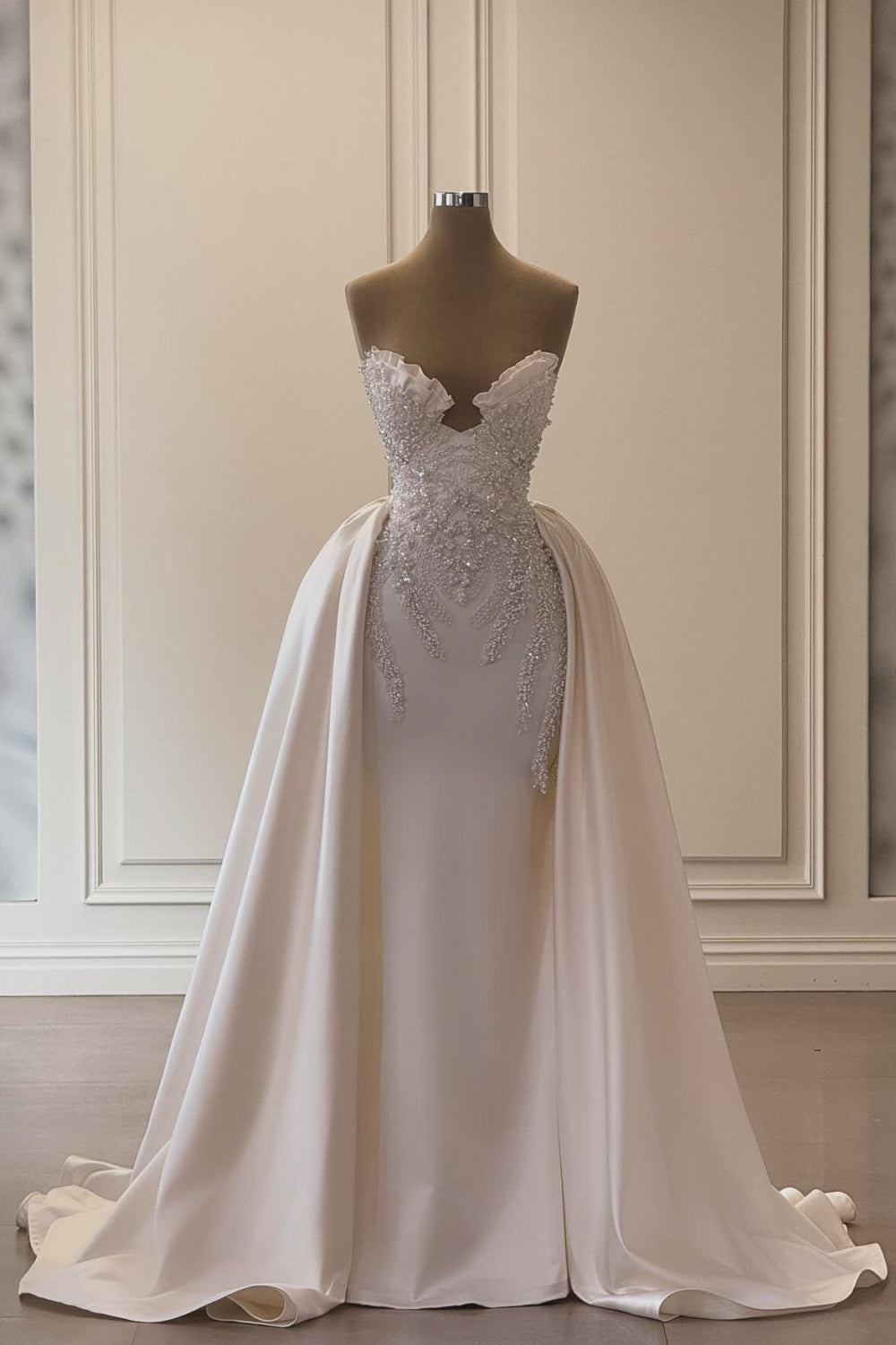 Ivory A Line Strapless Sleeveless Beaded Panel Train Ruffle Long Satin Bridal Gown