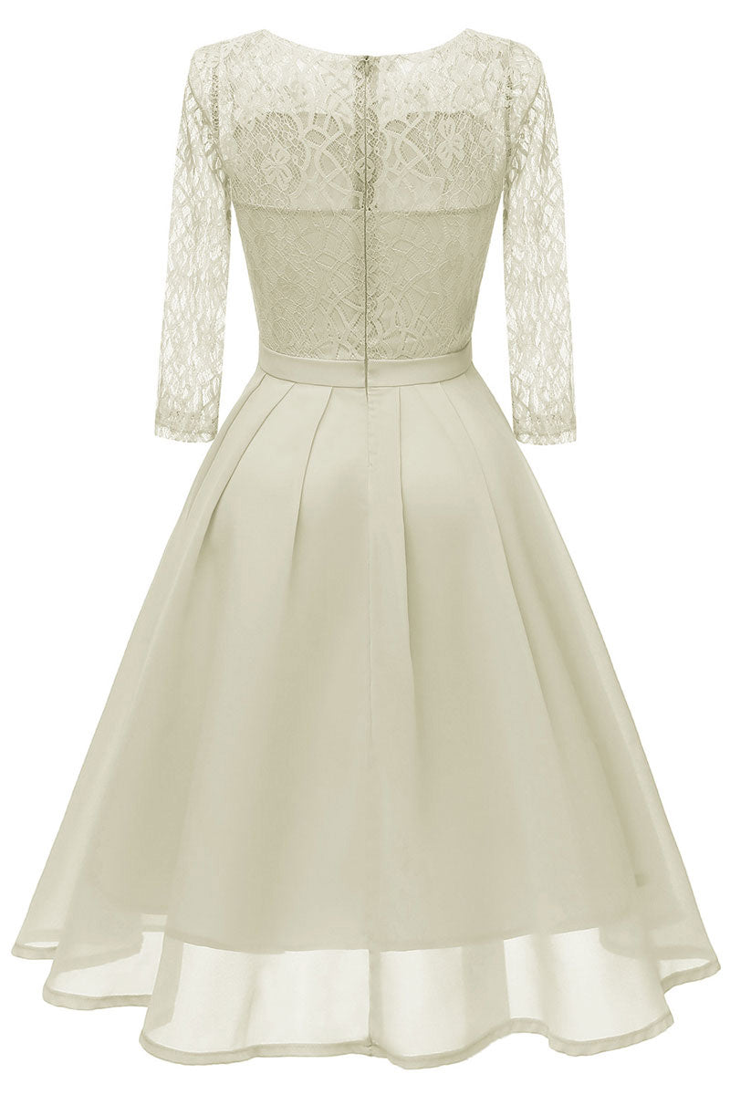 Ivory A-line Short Lace Prom Dress With Sleeves - Fashionpara