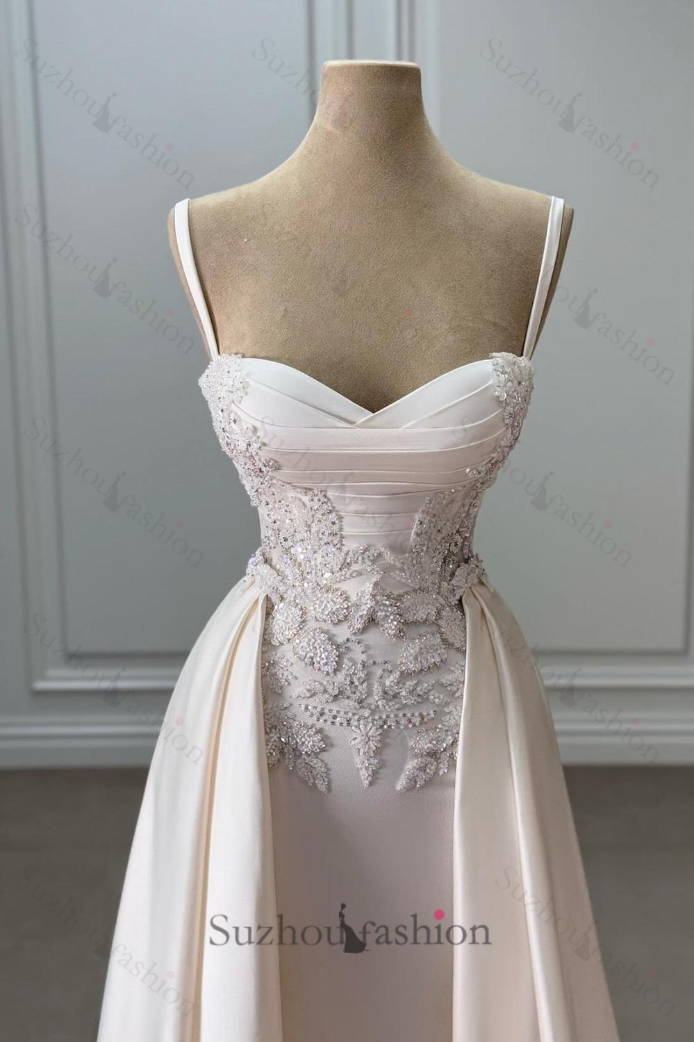 Ivory Sweetheart Spaghetti Strap Sleeveless Beaded Panel Train Ruffle Long Satin Bridal Gown