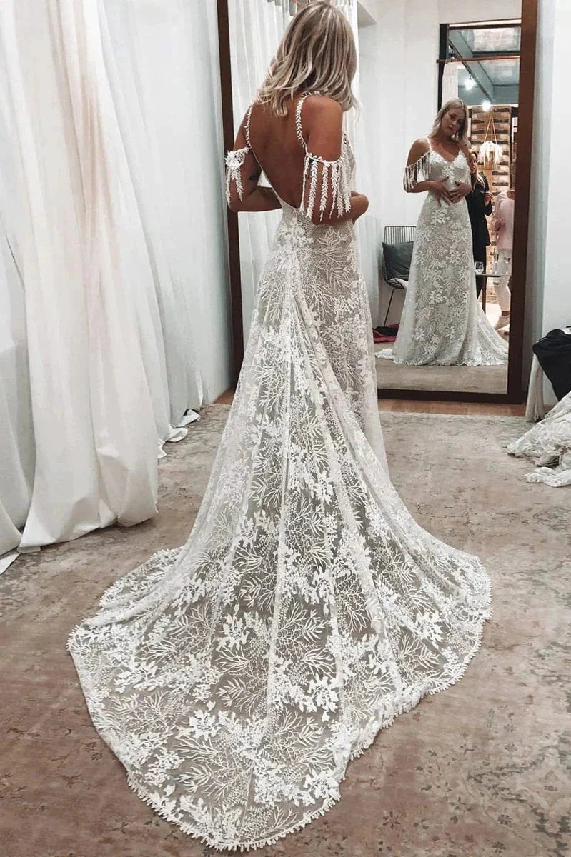 Ivory Bohemian Scoop Neckline Backless Beach Wedding Dress (ZD16147)