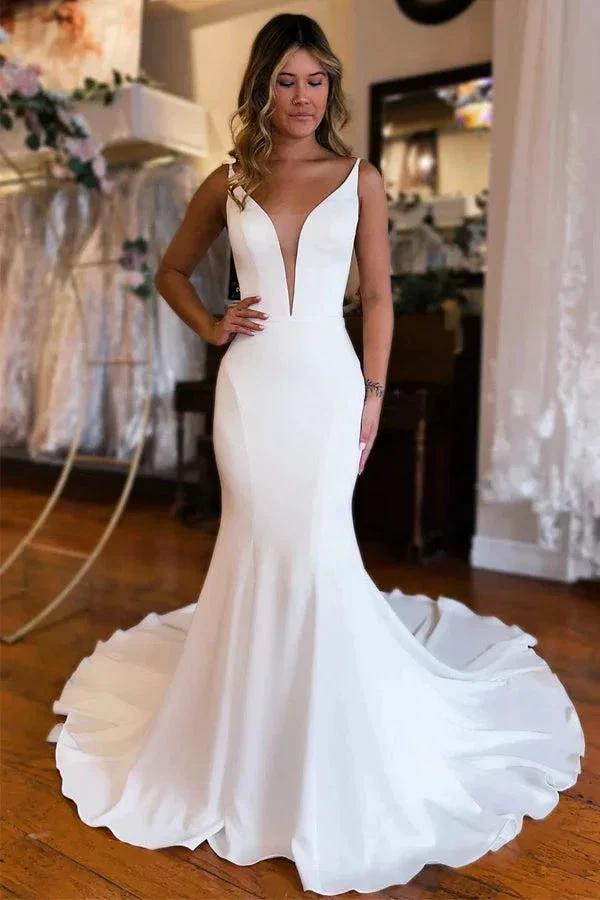 Plunge V Backless Long Mermaid Wedding Dress WD724 by pgmdress