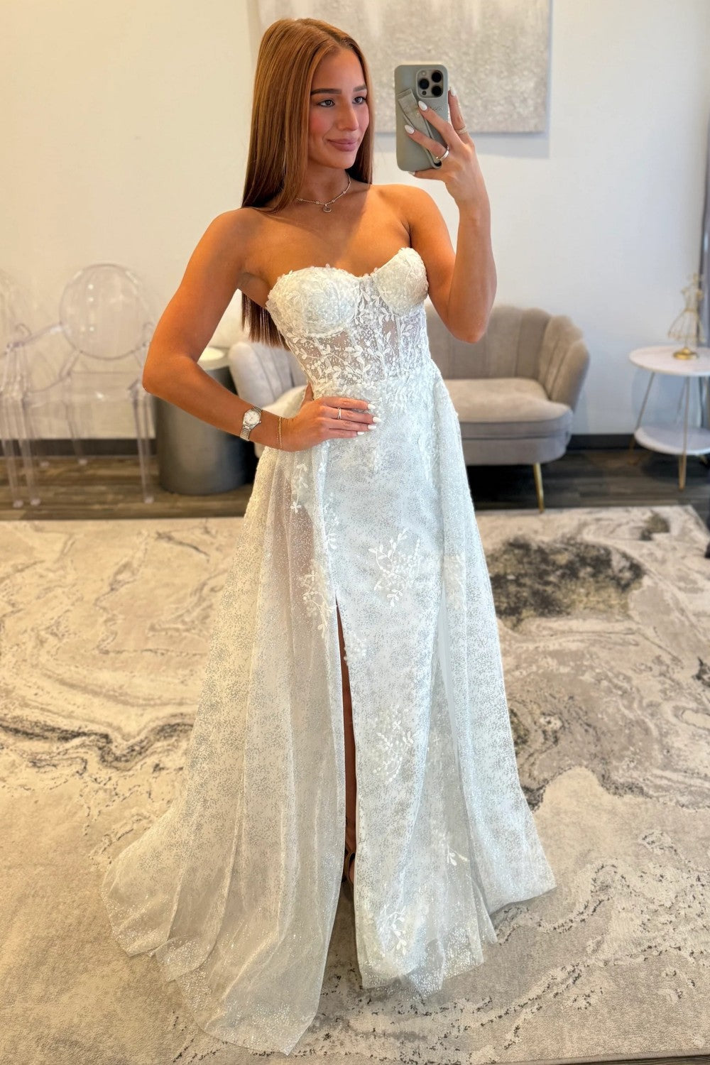 Gorgeous A Line Sweetheart White Corset Prom Dress with Split Front