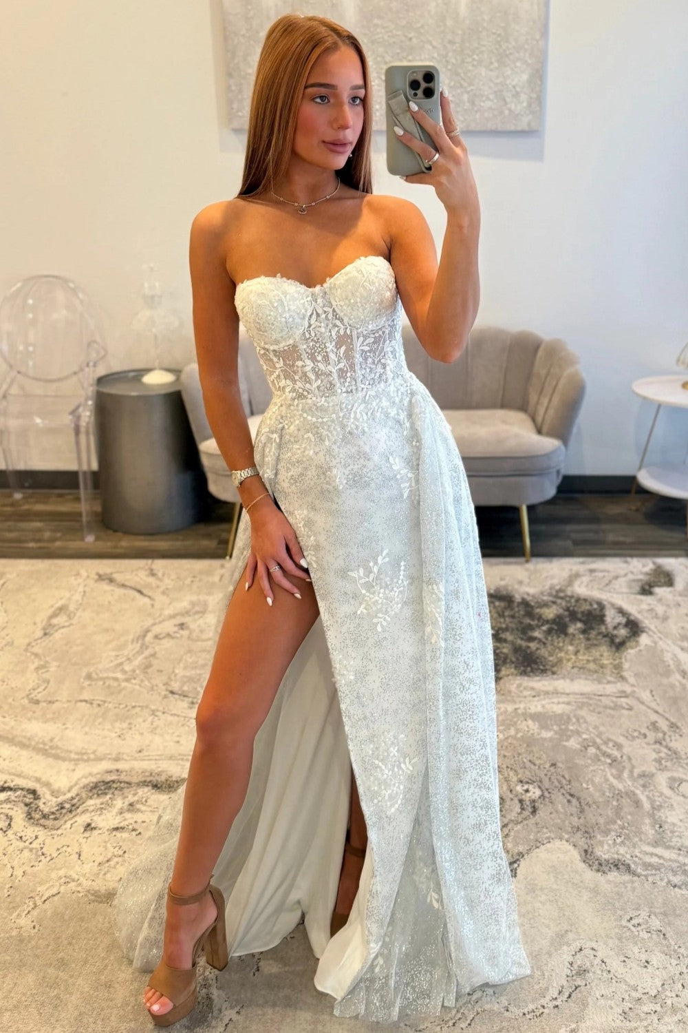 Gorgeous A Line Sweetheart White Corset Prom Dress with Split Front