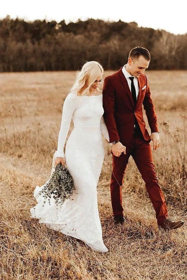 Ivory Long Sleeve Rustic Wedding Dresses Backless Sheath Beach Wedding Dress (ZD15350)