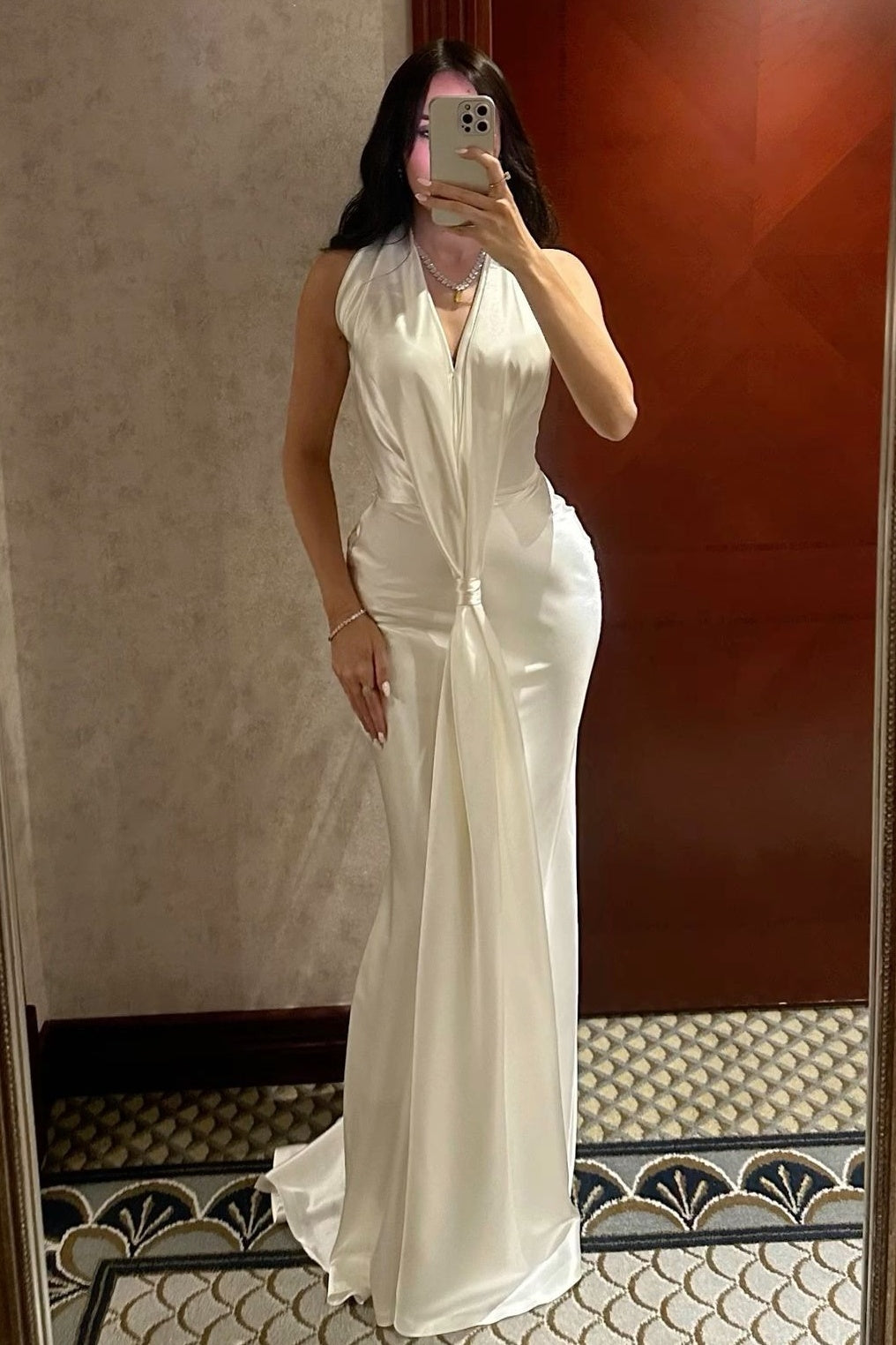 Ivory Satin Halter Neck Deep V-Neck Backless Column Evening Dress with Front Drape Knot