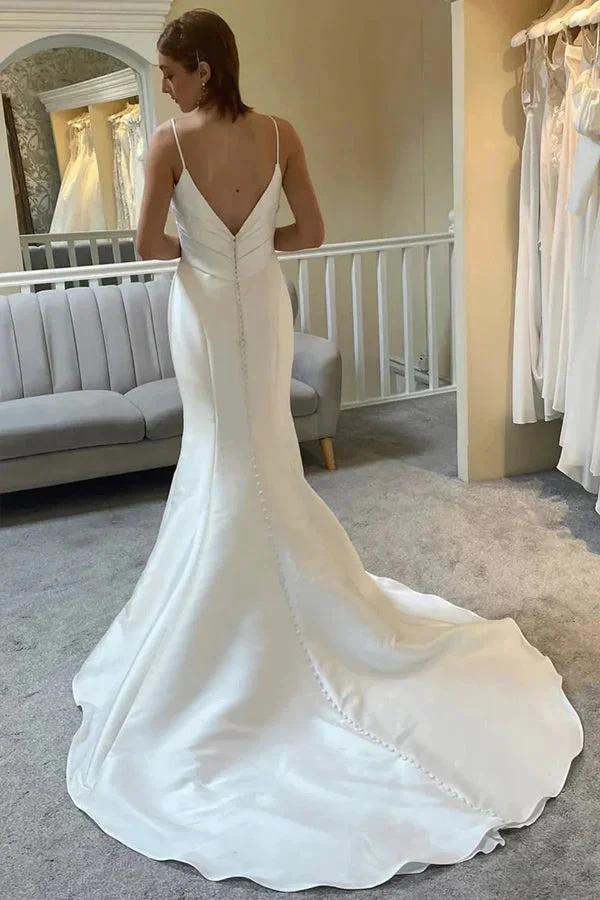 Ivory Spaghetti Strap Backless Trumpet Wedding Dress (ZD16103)
