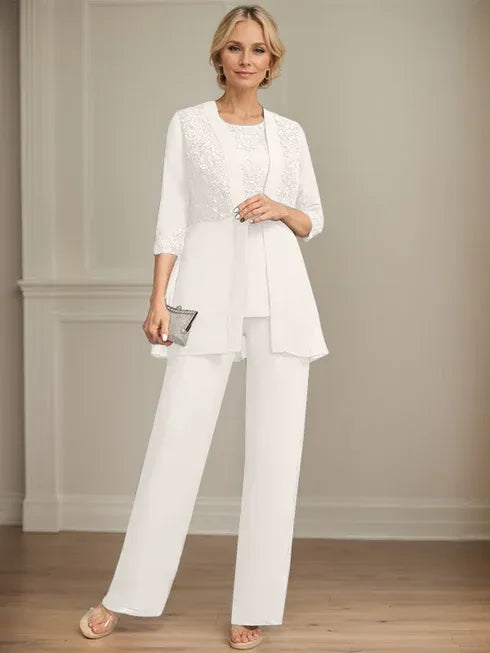 Jumpsuit/Pantsuit Separates Scoop Floor-Length Chiffon Lace Mother of the Bride Dress With Sequins