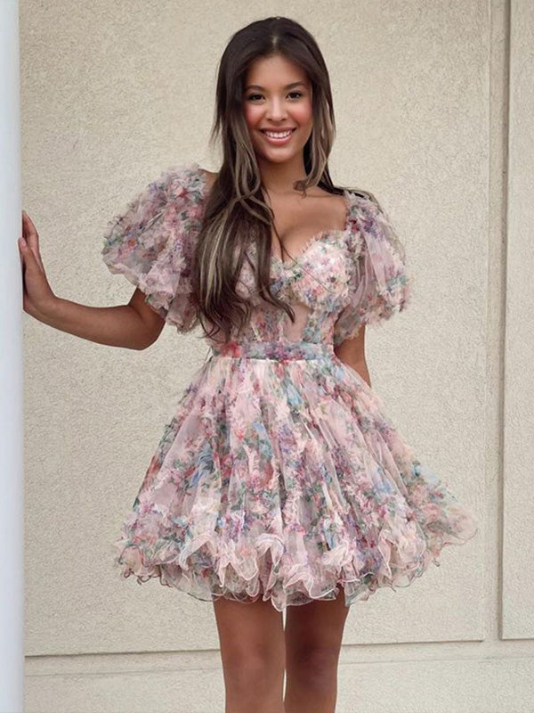A-Line Off The Shoulder Short Tulle Print Homecoming Dress