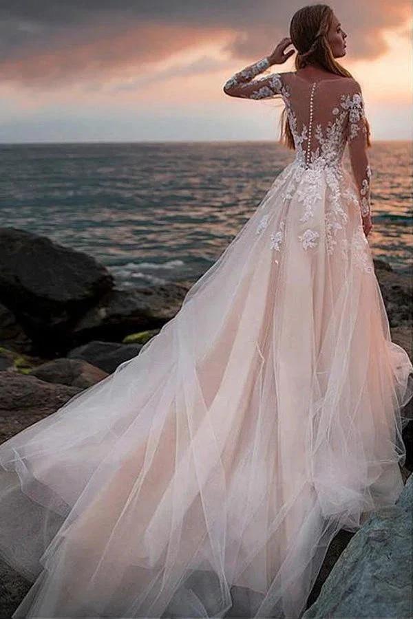 Ivory Tulle Beach Wedding Dress with Illusion Lace Long Sleeves (ZD16260) - View 3 | VelvetHem