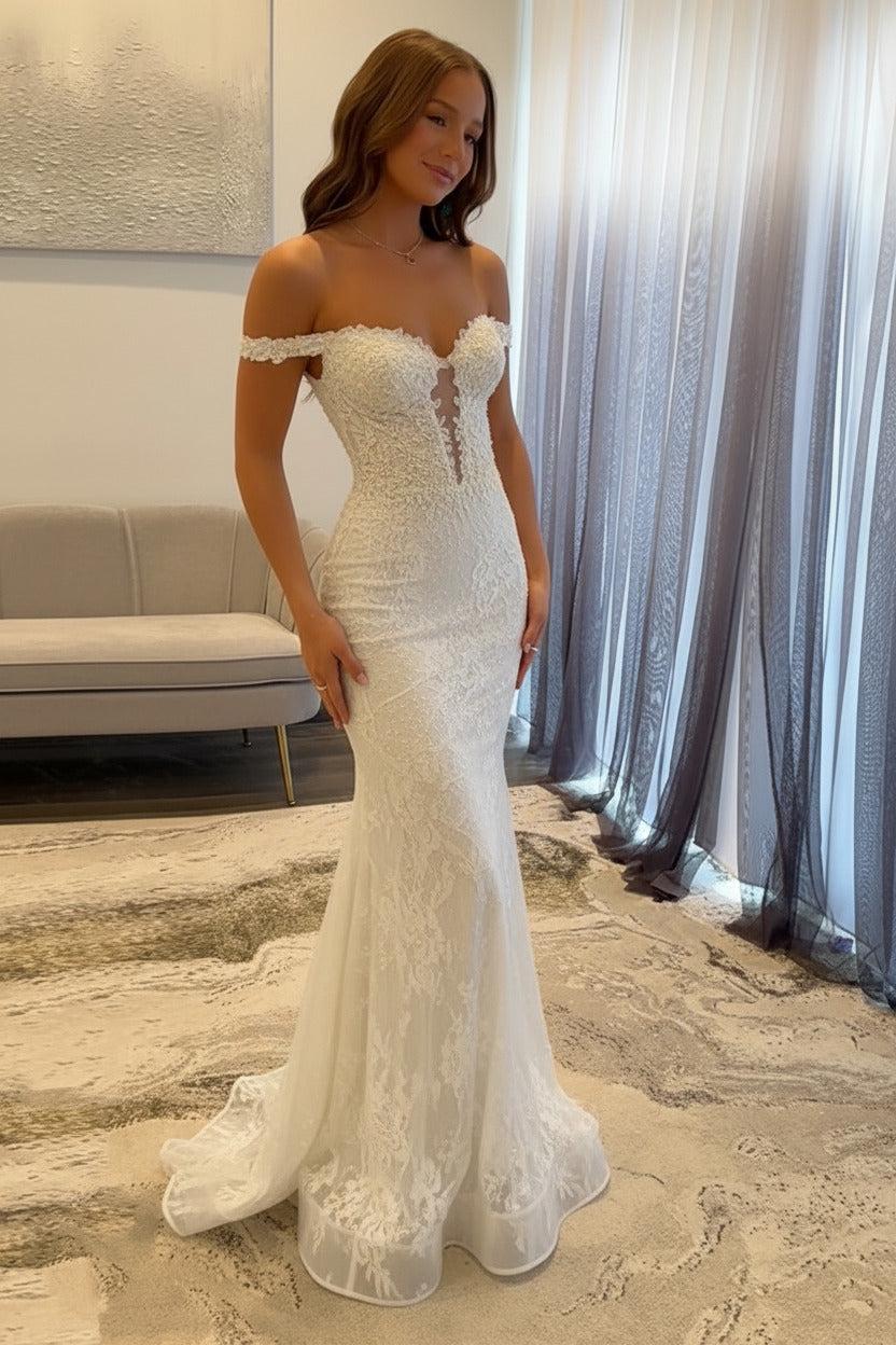 Navy Prom Dress Off The Shoulder Mermaid Long Lace Formal Dress (ZD17401)