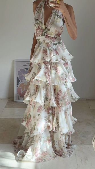 Gorgeous Halter Chiffon Print Floral Layered Evening Dress,Back A Line Prom Party Dress