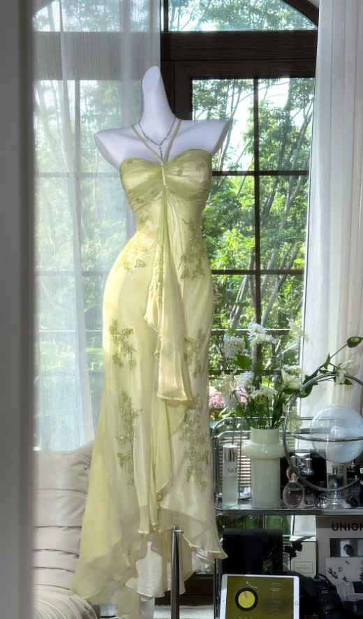 Vintage Halter Green Chiffon Beaded Mermaid Prom Dress Long Party Dress - View 2 | FashionDia