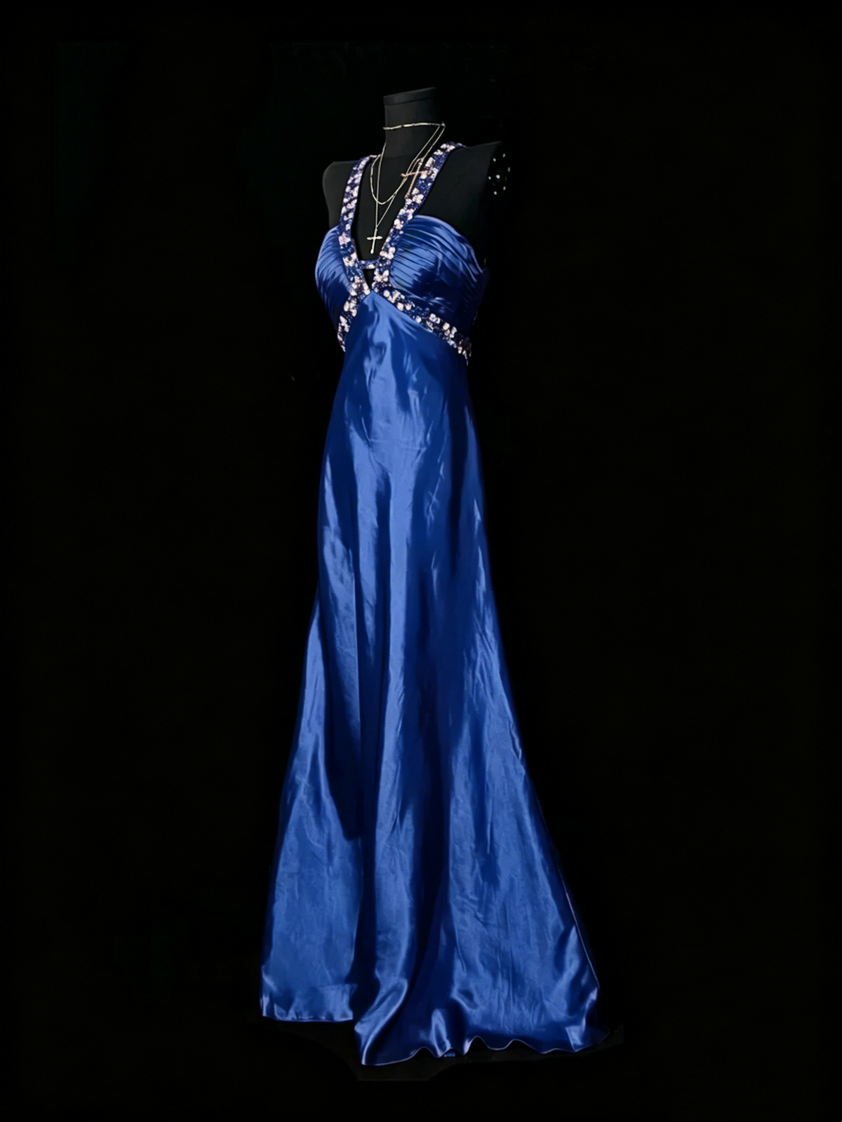 Beaded V Neck Red Satin Prom Dress Open Back Formal Evening Dress J10133