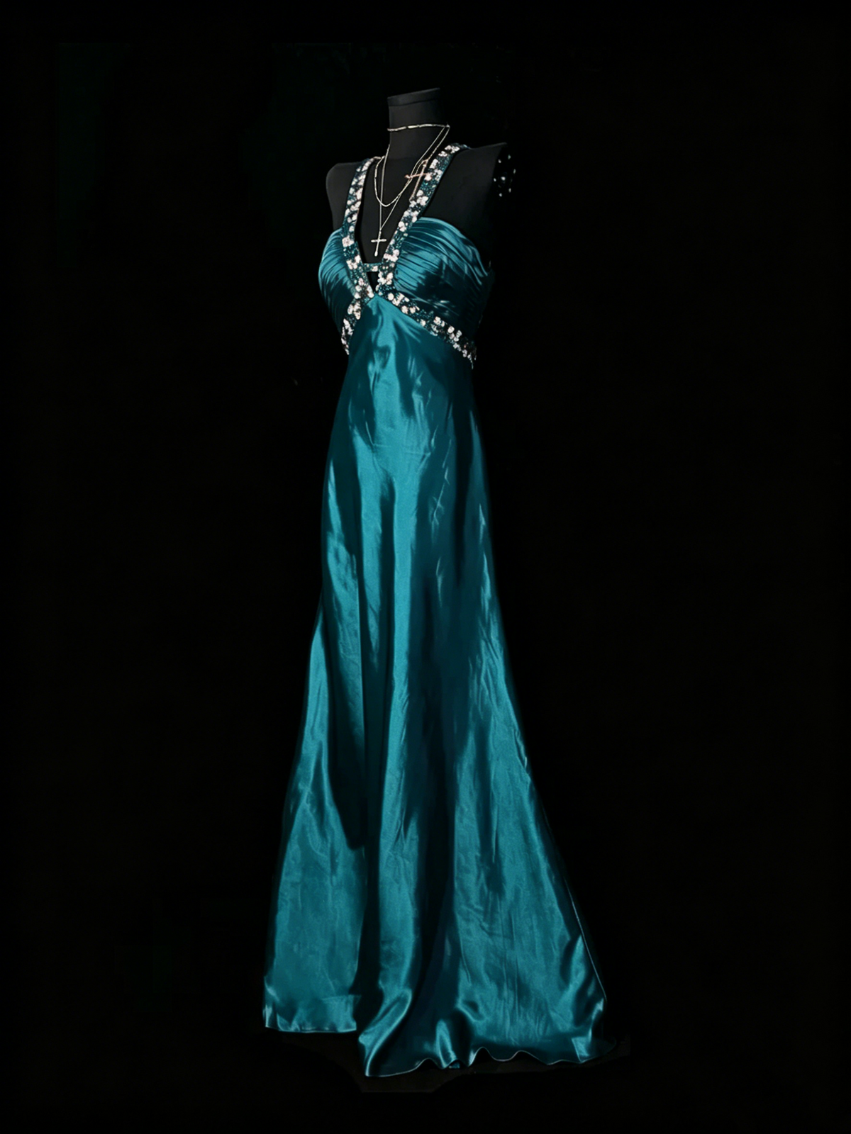 Beaded V Neck Red Satin Prom Dress Open Back Formal Evening Dress J10133