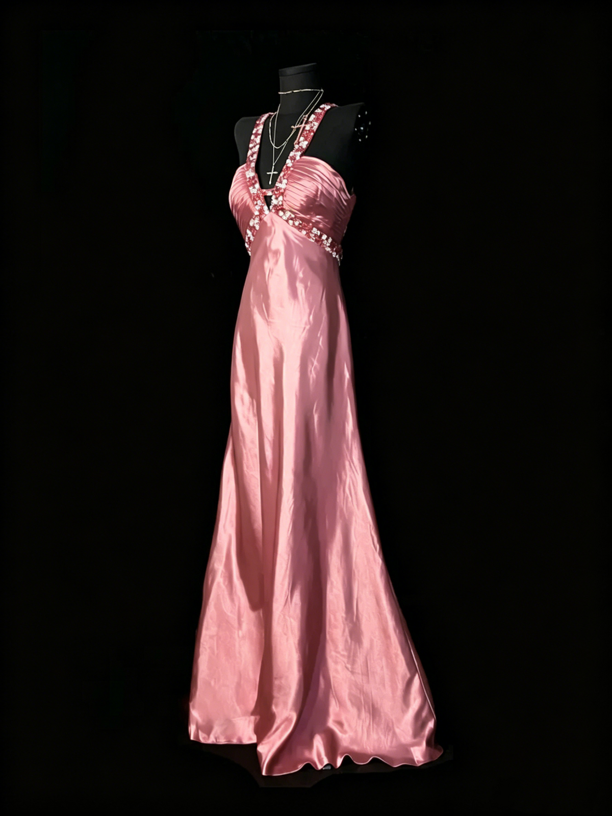 Beaded V Neck Red Satin Prom Dress Open Back Formal Evening Dress J10133