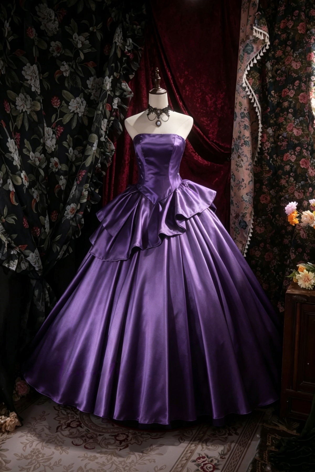 Strapless Purple Satin Prom Dress A-Line Birthday Dress