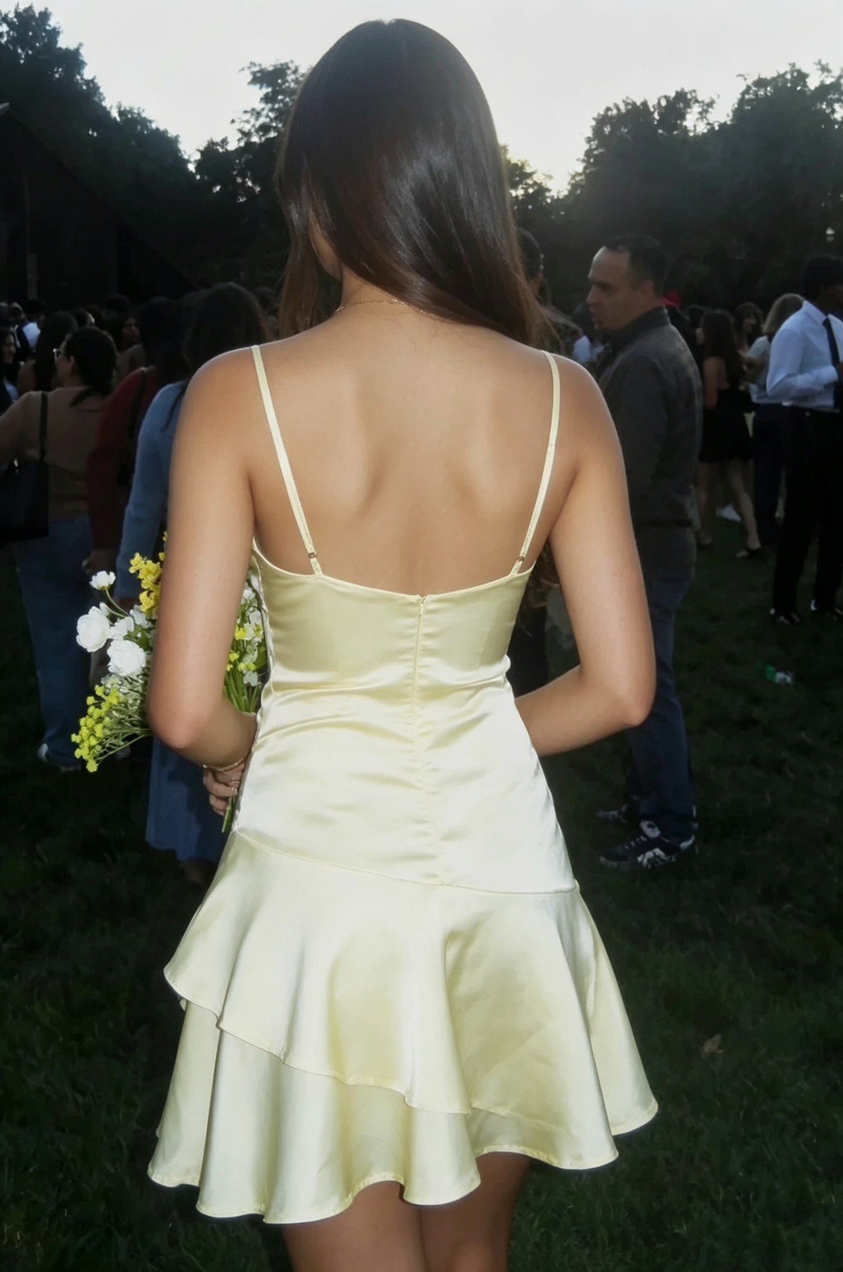 Spaghetti Strap Yellow Satin Homecoming Dress J10759