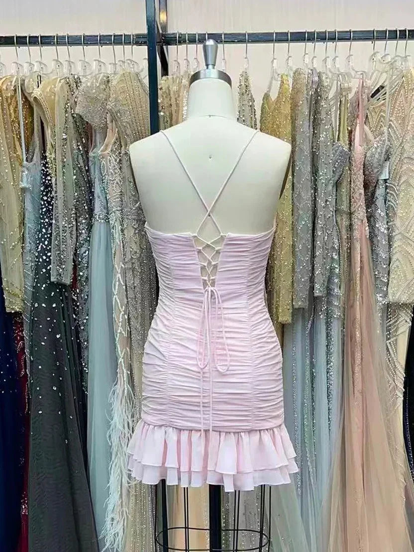 Spaghetti Straps Pink Sheath Ruffled Homecoming Dress