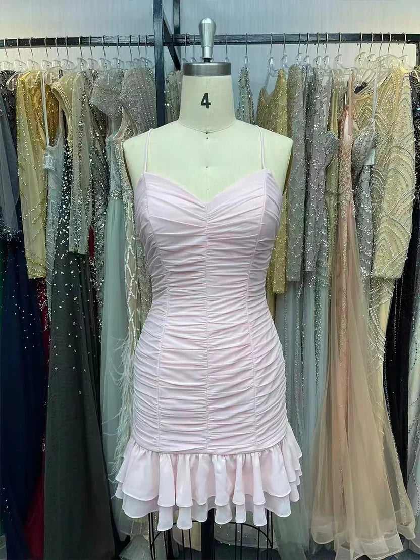 Spaghetti Straps Pink Sheath Ruffled Homecoming Dress