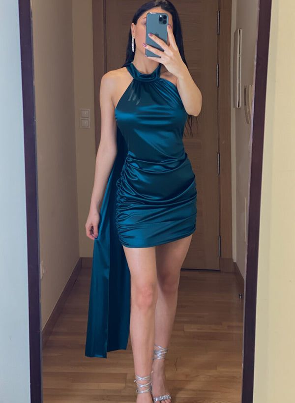 Classy Blue Halter Sleeveless Sheath Short Party Dress Formal Cocktail Dress Homecoming Dress - View 2 | FashionDia