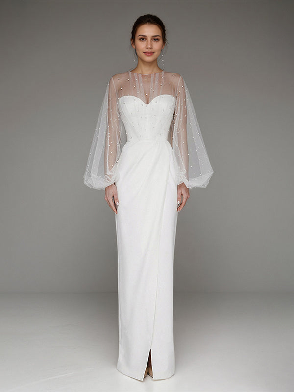 White Chiffon Sweetheart Neckline Asymmetrical Length Formal Party Dress with Lace Sleeves - FashionDia