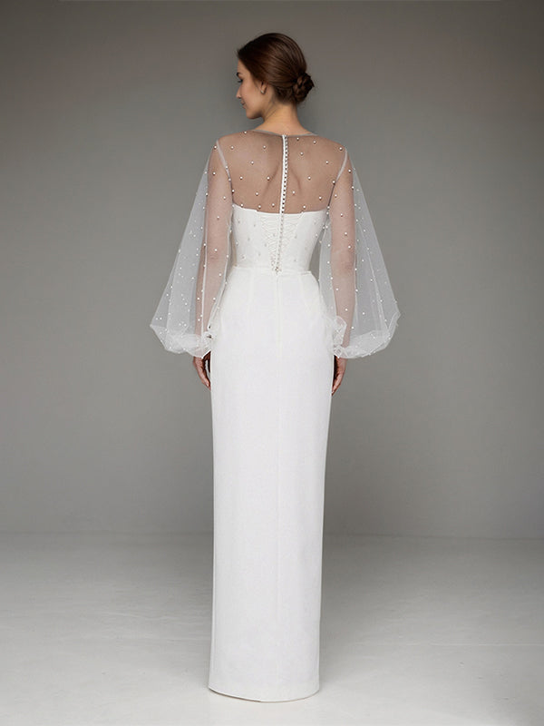 White Chiffon Sweetheart Neckline Asymmetrical Length Formal Party Dress with Lace Sleeves - View 2 | FashionDia