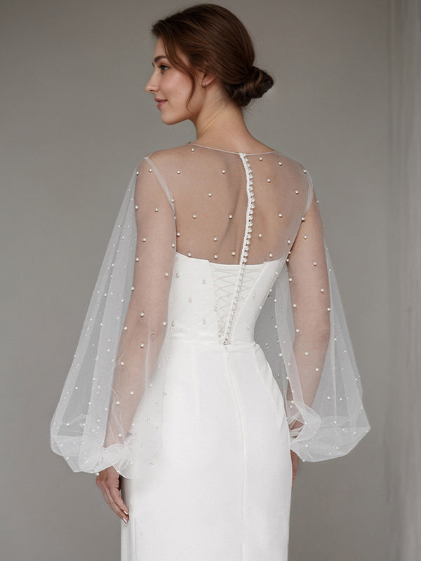 White Chiffon Sweetheart Neckline Asymmetrical Length Formal Party Dress with Lace Sleeves