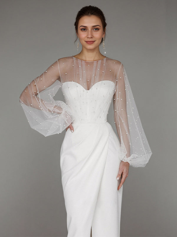 White Chiffon Sweetheart Neckline Asymmetrical Length Formal Party Dress with Lace Sleeves - View 4 | FashionDia