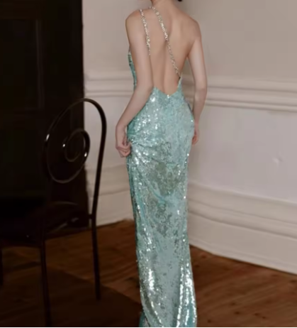 Charming One Shoulder Sequin Green Mermaid Prom Dress Backless Long Evening Dress