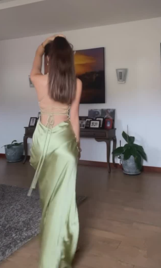 Simple Green Spaghetti Straps High Slit A Line Evening Dress Backless Prom Dress Y8433 - View 3 | VelvetHem