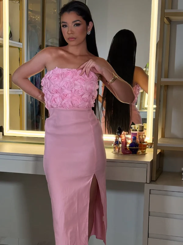 Chic Pink Strapless Rose Flowers Prom Dress,Sheath Slit Evening Dress - View 3 | FashionDia