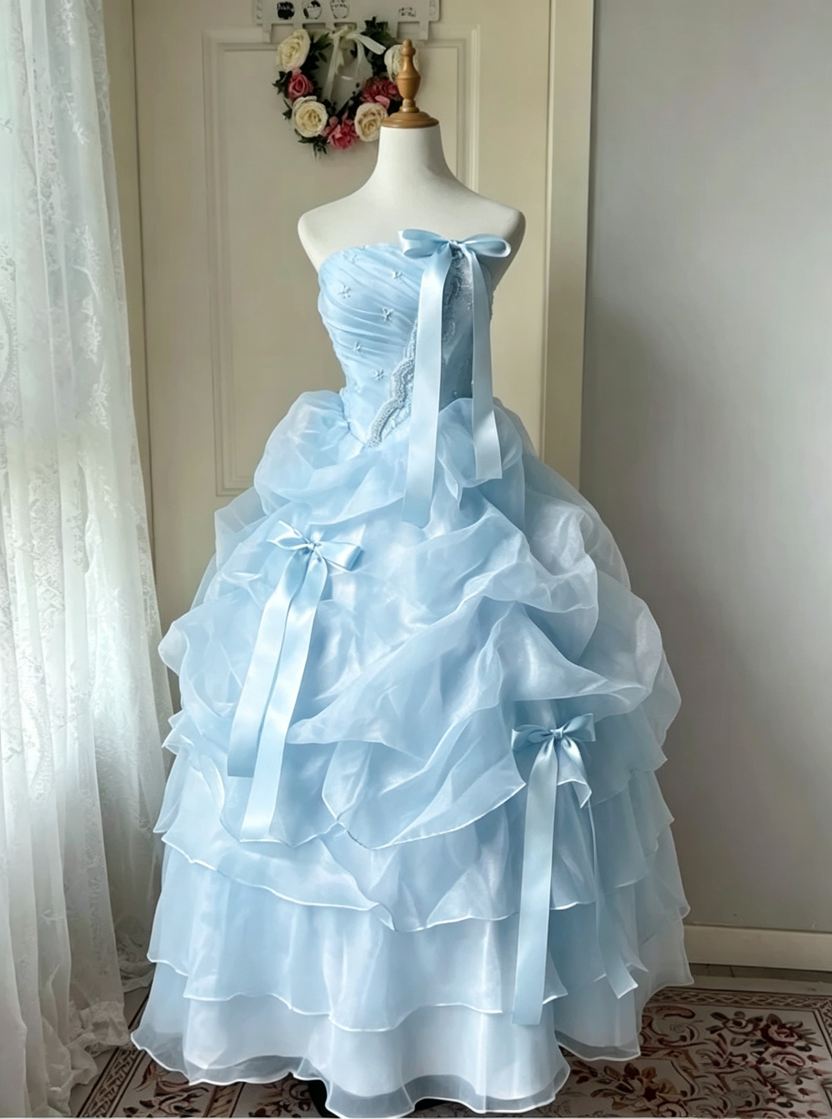 Strapless A Line Sweet 16 Ball Gown Ruffle Prom Dress J7722