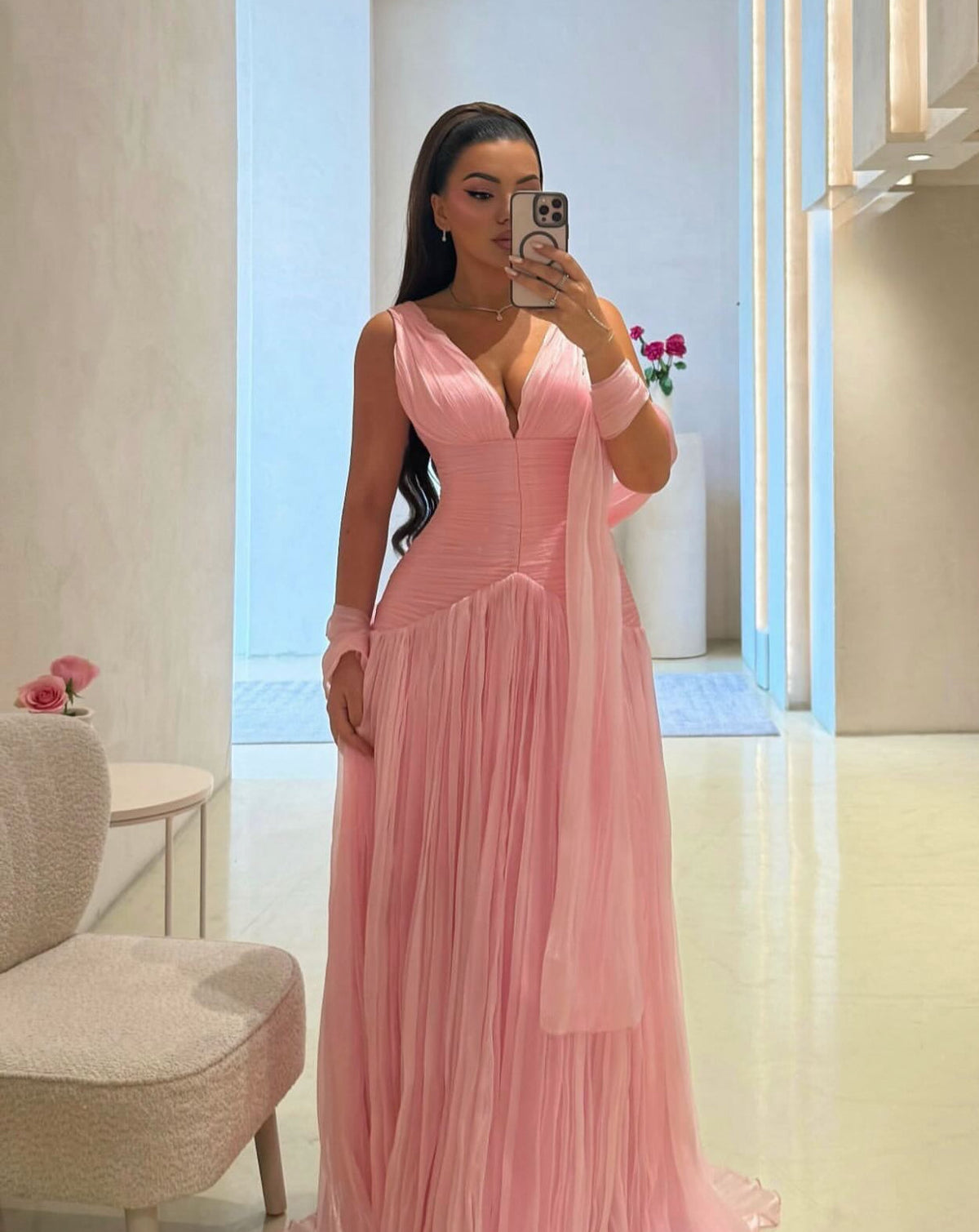 V-Neck A-Line Long Prom Dress Pink Wedding Guest Dress