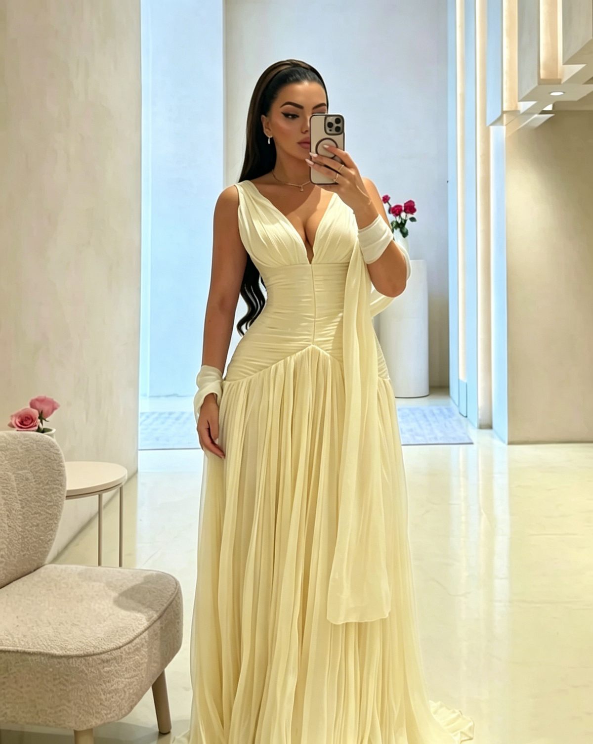 V-Neck A-Line Long Prom Dress Pink Wedding Guest Dress