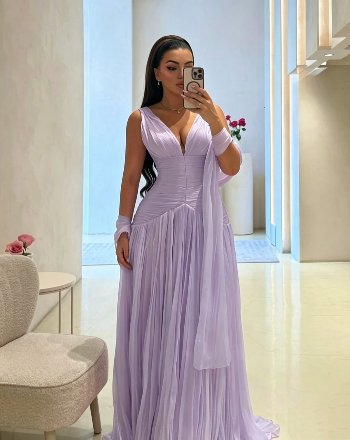V-Neck A-Line Long Prom Dress Pink Wedding Guest Dress