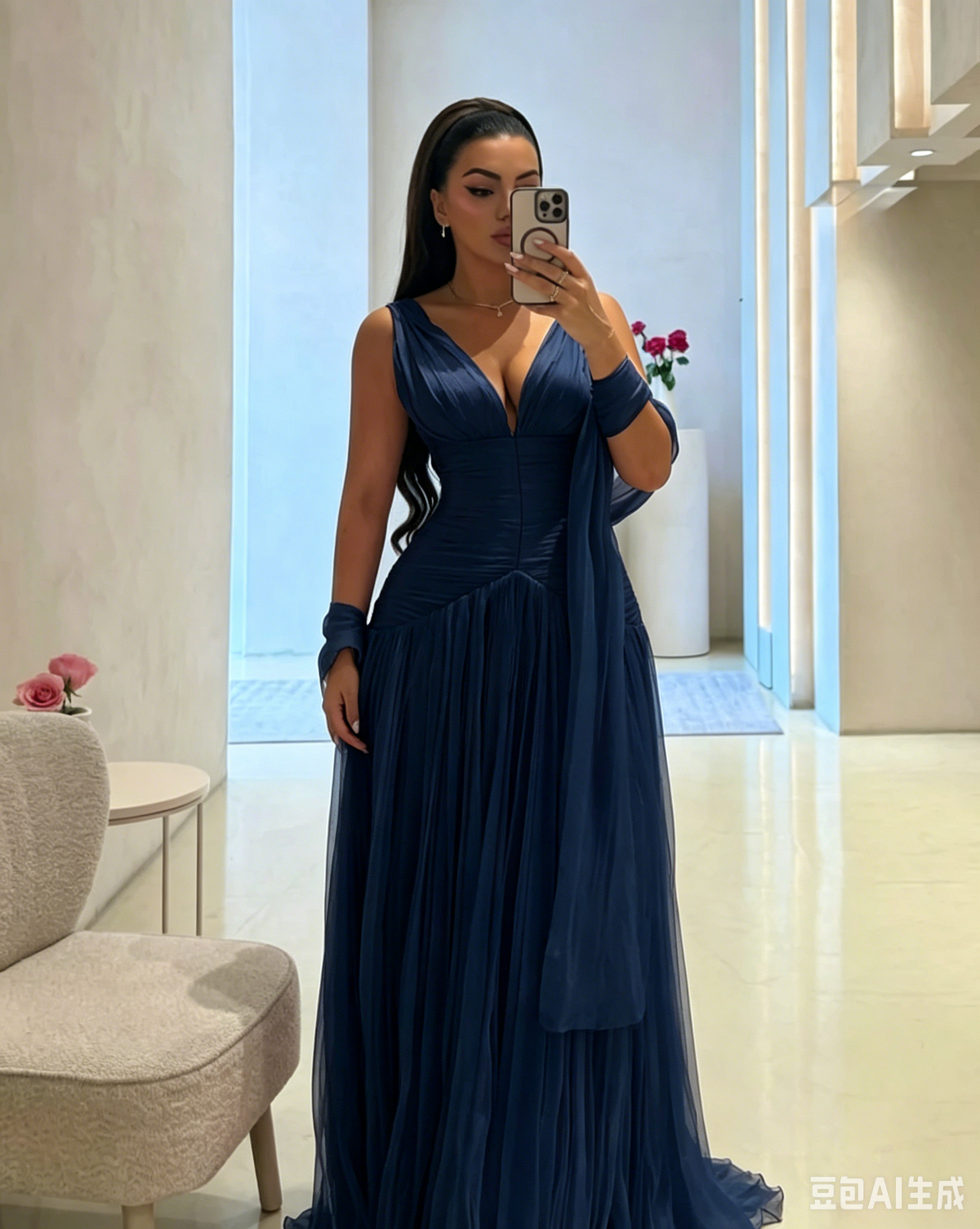 V-Neck A-Line Long Prom Dress Pink Wedding Guest Dress