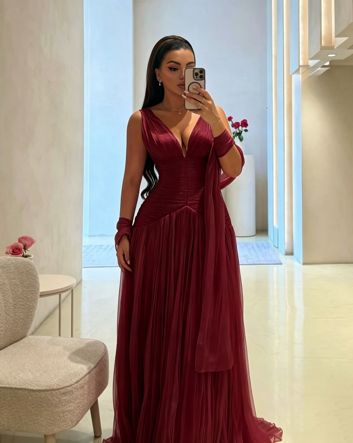 V-Neck A-Line Long Prom Dress Pink Wedding Guest Dress
