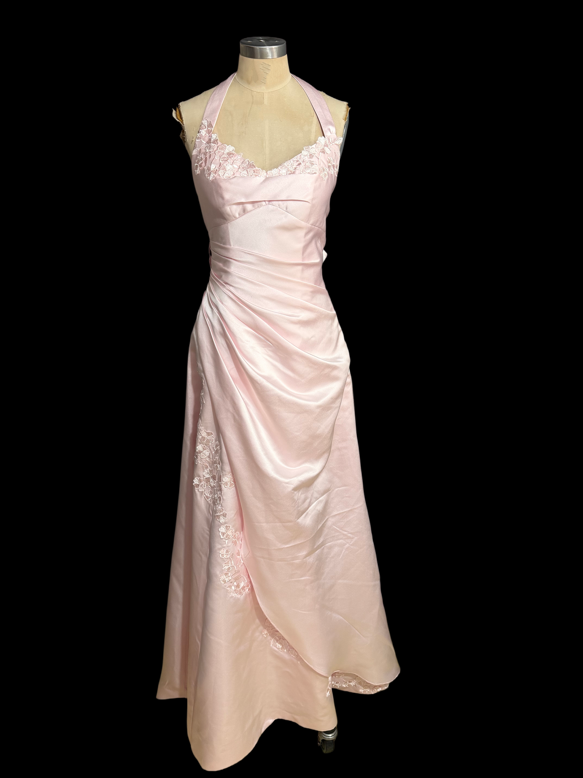 A-Line Pink Applique Long Prom Dress Satin Formal Evening Dress